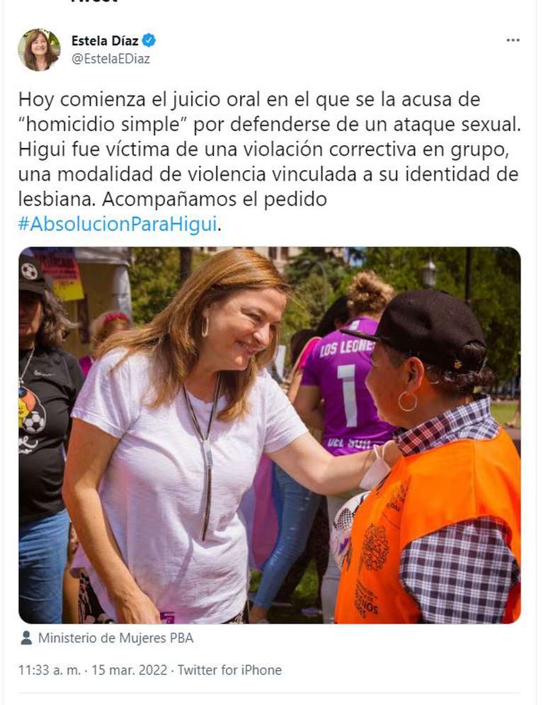 "Absolución para Higui", el pedido de la ministra de las Mujeres, Políticas de Género y Diversidad Sexual de la provincia de Buenos Aires, Estela Díaz. (Foto: Captura Twitter/EstelaEDíaz)